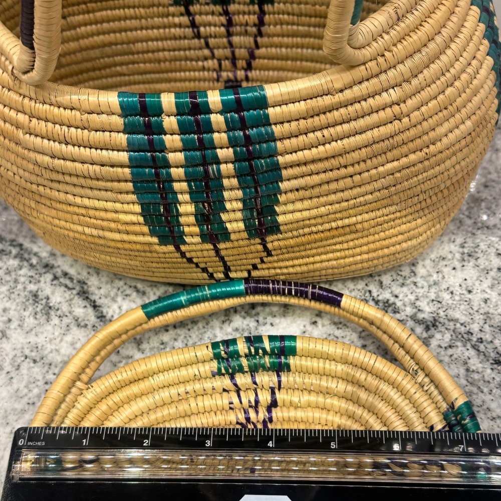 Handcrafted Woven Basket Bag with Lid Teal Purple Geometric Natural Straw Tan - Picture 13 of 13